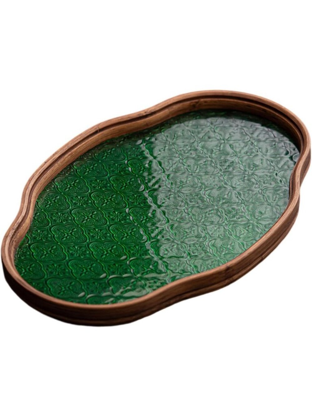 Large Green Decorative Glass Tray for Tea Cups & Begonia Flower Storage